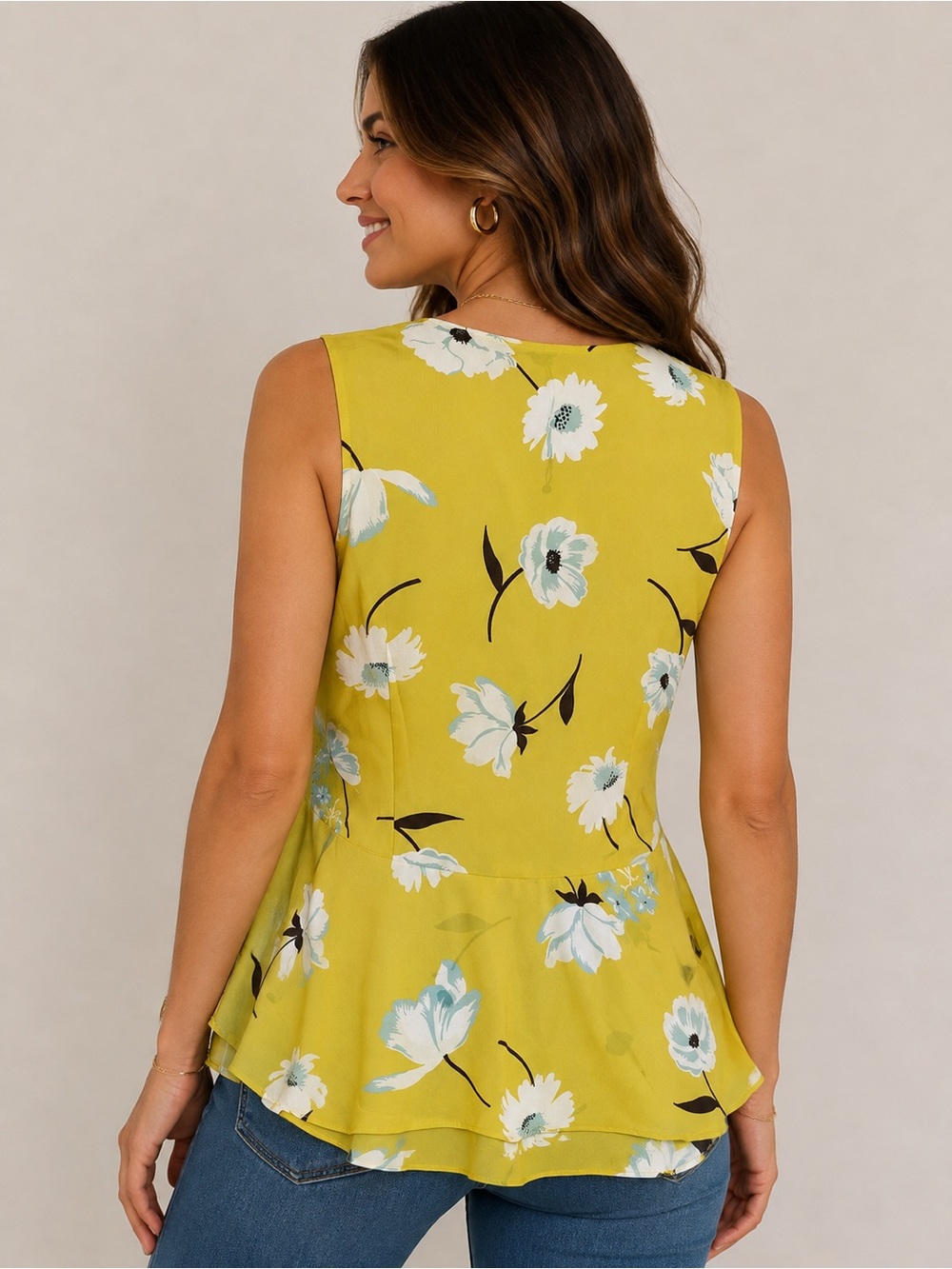 CAbi || Mustard Floral V-Neck Peplum Tank Top with Cami. Sz. S - Picture 8 of 14